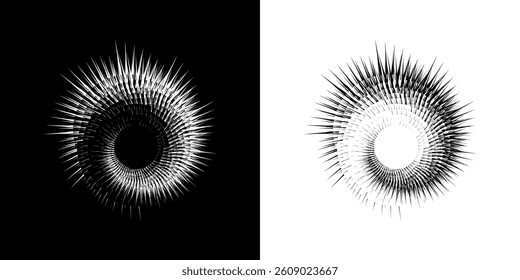 Dynamic abstract spiral sound wave rhythm lines. Circular spiral sound wave rhythm of lines. Circular futuristic abstract lines, black and white background.