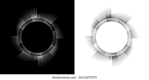 Dynamic abstract spiral sound wave rhythm lines. Circular spiral sound wave rhythm of lines. Circular futuristic abstract lines, black and white background.	