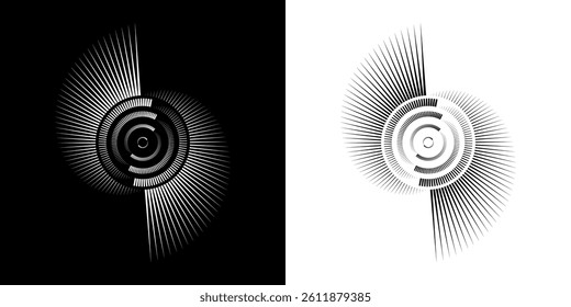 Dynamic abstract spiral sound wave rhythm lines. Circular spiral sound wave rhythm of lines. Circular futuristic abstract lines, black and white background.	