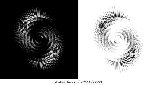 Dynamic abstract spiral sound wave rhythm lines. Circular spiral sound wave rhythm of lines. Circular futuristic abstract lines, black and white background.	