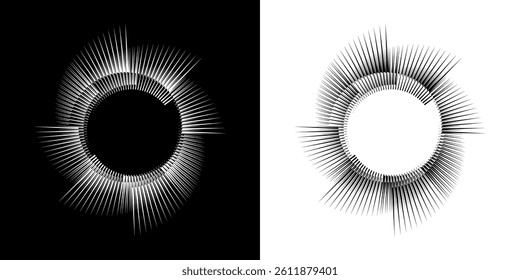 Dynamic abstract spiral sound wave rhythm lines. Circular spiral sound wave rhythm of lines. Circular futuristic abstract lines, black and white background.	