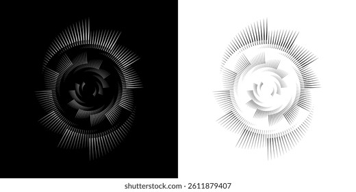 Dynamic abstract spiral sound wave rhythm lines. Circular spiral sound wave rhythm of lines. Circular futuristic abstract lines, black and white background.	