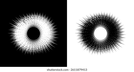 Dynamic abstract spiral sound wave rhythm lines. Circular spiral sound wave rhythm of lines. Circular futuristic abstract lines, black and white background.	