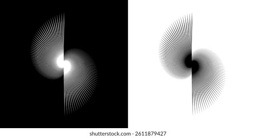 Dynamic abstract spiral sound wave rhythm lines. Circular spiral sound wave rhythm of lines. Circular futuristic abstract lines, black and white background.	