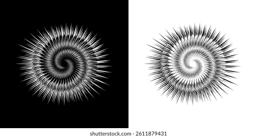 Dynamic abstract spiral sound wave rhythm lines. Circular spiral sound wave rhythm of lines. Circular futuristic abstract lines, black and white background.	