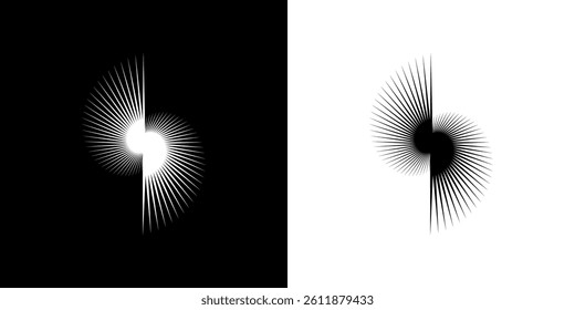 Dynamic abstract spiral sound wave rhythm lines. Circular spiral sound wave rhythm of lines. Circular futuristic abstract lines, black and white background.	