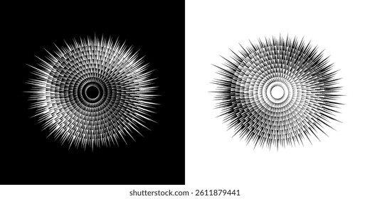 Dynamic abstract spiral sound wave rhythm lines. Circular spiral sound wave rhythm of lines. Circular futuristic abstract lines, black and white background.	