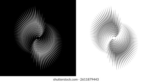 Dynamic abstract spiral sound wave rhythm lines. Circular spiral sound wave rhythm of lines. Circular futuristic abstract lines, black and white background.	