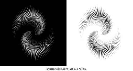 Dynamic abstract spiral sound wave rhythm lines. Circular spiral sound wave rhythm of lines. Circular futuristic abstract lines, black and white background.	