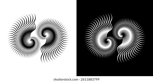 Dynamic abstract spiral sound wave rhythm lines. Circular spiral sound wave rhythm of lines. Circular futuristic abstract lines, black and white background.