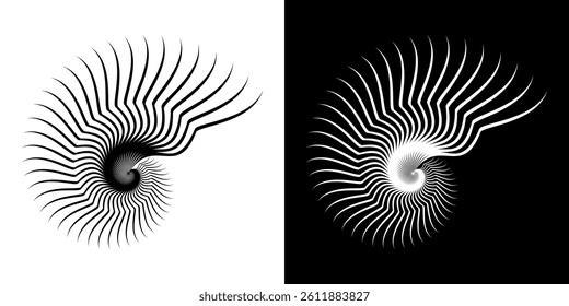 Dynamic abstract spiral sound wave rhythm lines. Circular spiral sound wave rhythm of lines. Circular futuristic abstract lines, black and white background.