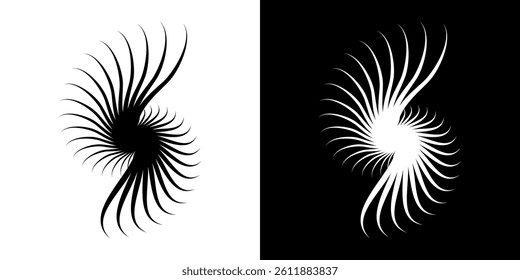 Dynamic abstract spiral sound wave rhythm lines. Circular spiral sound wave rhythm of lines. Circular futuristic abstract lines, black and white background.