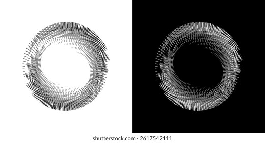 Dynamic abstract spiral sound wave rhythm lines. Circular spiral sound wave rhythm of lines. Circular futuristic abstract lines, black and white background.