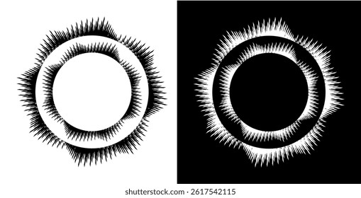 Dynamic abstract spiral sound wave rhythm lines. Circular spiral sound wave rhythm of lines. Circular futuristic abstract lines, black and white background.
