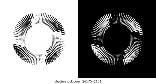 Dynamic abstract spiral sound wave rhythm lines. Circular spiral sound wave rhythm of lines. Circular futuristic abstract lines, black and white background.
