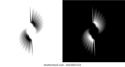 Dynamic abstract spiral sound wave rhythm lines. Circular spiral sound wave rhythm of lines. Circular futuristic abstract lines, black and white background.