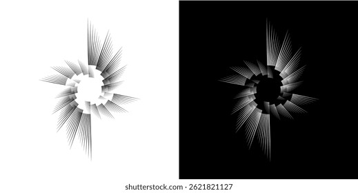 Dynamic abstract spiral sound wave rhythm lines. Circular spiral sound wave rhythm of lines. Circular futuristic abstract lines, black and white background.