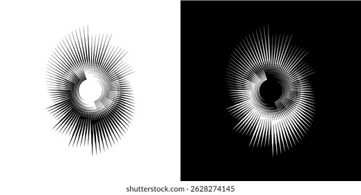 Linhas de ritmo de onda de som espiral abstrata dinâmica. Ritmo de onda de som espiral circular de linhas. Linhas abstratas futuristas circulares, fundo preto e branco.	
