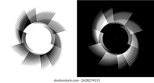 Líneas dinámicas abstractas del ritmo de ondas de sonido en espiral. Onda de sonido circular en espiral con ritmo de líneas. Líneas abstractas futuristas circulares, fondo blanco y negro.	
