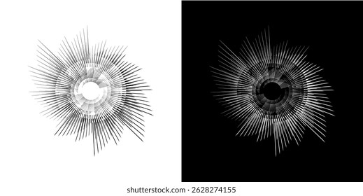 Dynamic abstract spiral sound wave rhythm lines. Circular spiral sound wave rhythm of lines. Circular futuristic abstract lines, black and white background.	
