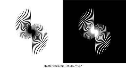 Dynamische abstrakte Spiral-Schallwellen-Rhythmuslinien. Kreisförmige Spirale Schallwelle Rhythmus von Linien. Zirkuläre futuristische abstrakte Linien, schwarz-weißer Hintergrund.	

