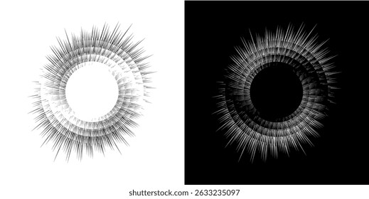 Dynamic abstract spiral sound wave rhythm lines. Circular spiral sound wave rhythm of lines. Circular futuristic abstract lines, black and white background.	
