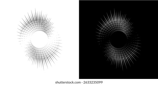 Dynamic abstract spiral sound wave rhythm lines. Circular spiral sound wave rhythm of lines. Circular futuristic abstract lines, black and white background.	
