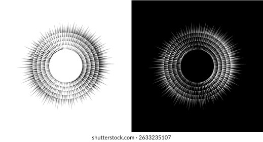 Dynamic abstract spiral sound wave rhythm lines. Circular spiral sound wave rhythm of lines. Circular futuristic abstract lines, black and white background.	
