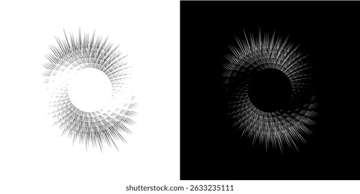 Dynamic abstract spiral sound wave rhythm lines. Circular spiral sound wave rhythm of lines. Circular futuristic abstract lines, black and white background.	
