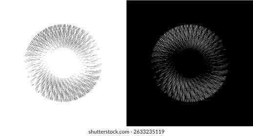 Linhas de ritmo de onda de som espiral abstrata dinâmica. Ritmo de onda de som espiral circular de linhas. Linhas abstratas futuristas circulares, fundo preto e branco.	
