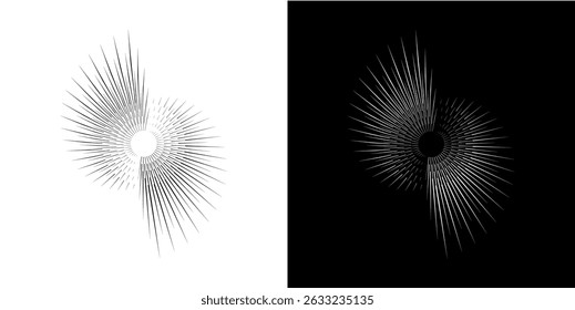 Linhas de ritmo de onda de som espiral abstrata dinâmica. Ritmo de onda de som espiral circular de linhas. Linhas abstratas futuristas circulares, fundo preto e branco.	

