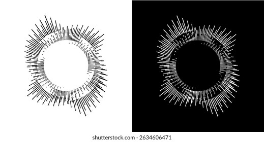 Dynamic abstract spiral sound wave rhythm lines. Circular spiral sound wave rhythm of lines. Circular futuristic abstract lines, black and white background.	
