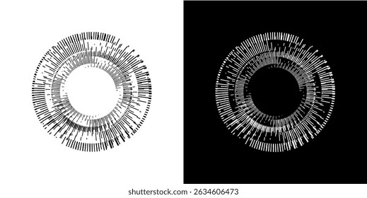 Dynamic abstract spiral sound wave rhythm lines. Circular spiral sound wave rhythm of lines. Circular futuristic abstract lines, black and white background.	
