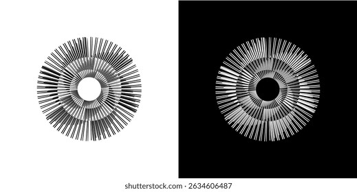 Dynamic abstract spiral sound wave rhythm lines. Circular spiral sound wave rhythm of lines. Circular futuristic abstract lines, black and white background.	
