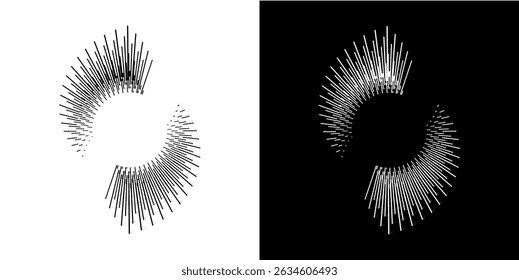 Dynamic abstract spiral sound wave rhythm lines. Circular spiral sound wave rhythm of lines. Circular futuristic abstract lines, black and white background.	
