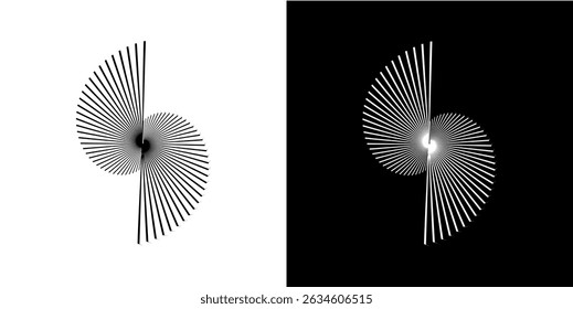 Dynamic abstract spiral sound wave rhythm lines. Circular spiral sound wave rhythm of lines. Circular futuristic abstract lines, black and white background.	
