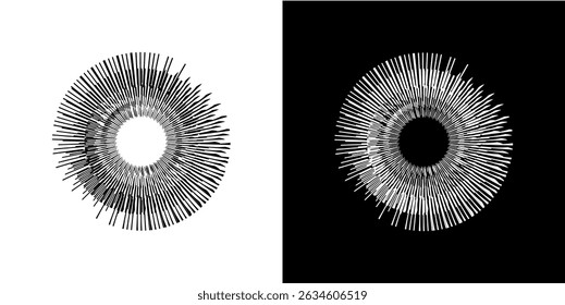 Líneas dinámicas abstractas del ritmo de ondas de sonido en espiral. Onda de sonido circular en espiral con ritmo de líneas. Líneas abstractas futuristas circulares, fondo blanco y negro.	
