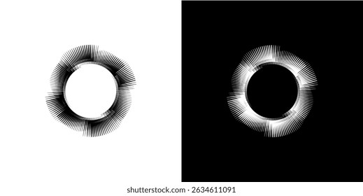Dynamic abstract spiral sound wave rhythm lines. Circular spiral sound wave rhythm of lines. Circular futuristic abstract lines, black and white background.	