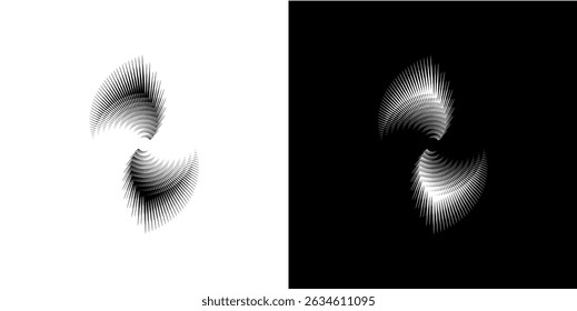 Dynamic abstract spiral sound wave rhythm lines. Circular spiral sound wave rhythm of lines. Circular futuristic abstract lines, black and white background.	