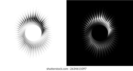 Dynamic abstract spiral sound wave rhythm lines. Circular spiral sound wave rhythm of lines. Circular futuristic abstract lines, black and white background.	