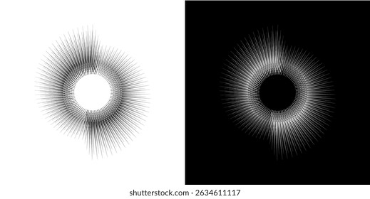 Dynamic abstract spiral sound wave rhythm lines. Circular spiral sound wave rhythm of lines. Circular futuristic abstract lines, black and white background.	