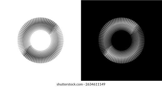 Dynamic abstract spiral sound wave rhythm lines. Circular spiral sound wave rhythm of lines. Circular futuristic abstract lines, black and white background.	