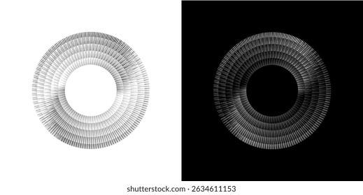 Dynamic abstract spiral sound wave rhythm lines. Circular spiral sound wave rhythm of lines. Circular futuristic abstract lines, black and white background.	