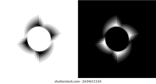 Dynamic abstract spiral sound wave rhythm lines. Circular spiral sound wave rhythm of lines. Circular futuristic abstract lines, black and white background.	
