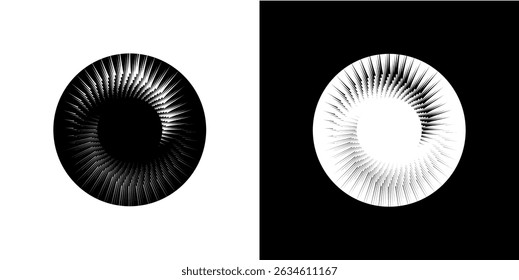 Dynamische abstrakte Spiral-Schallwellen-Rhythmuslinien. Kreisförmige Spirale Schallwelle Rhythmus von Linien. Zirkuläre futuristische abstrakte Linien, schwarz-weißer Hintergrund.	