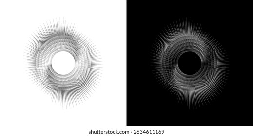 Dynamic abstract spiral sound wave rhythm lines. Circular spiral sound wave rhythm of lines. Circular futuristic abstract lines, black and white background.	