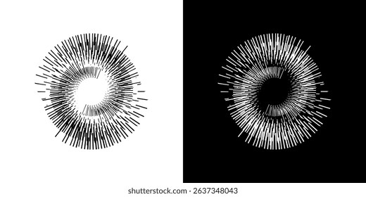 Dynamic abstract spiral sound wave rhythm lines. Circular spiral sound wave rhythm of lines. Circular futuristic abstract lines, black and white background.	
