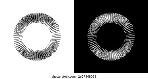 Dynamic abstract spiral sound wave rhythm lines. Circular spiral sound wave rhythm of lines. Circular futuristic abstract lines, black and white background.	
