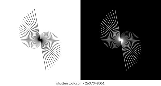 Dynamic abstract spiral sound wave rhythm lines. Circular spiral sound wave rhythm of lines. Circular futuristic abstract lines, black and white background.	
