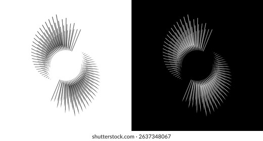 Dynamic abstract spiral sound wave rhythm lines. Circular spiral sound wave rhythm of lines. Circular futuristic abstract lines, black and white background.	

